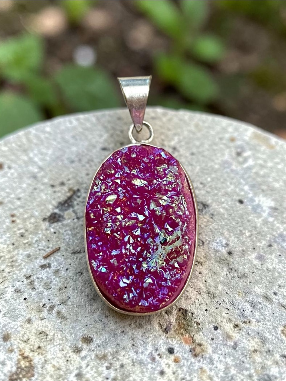 Pink Druzy Silver Pendant